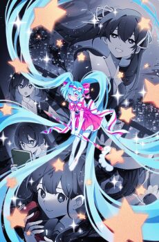 1girl aqua_hair back_bow book bow bow_hairband bowtie commentary dress english_commentary glasses gloves hairband hatsune_miku highres holding holding_book holding_staff ima_sugu_rinne_(vocaloid) long_hair magical_girl multiple_views orri_(iirokagi) pink_dress pink_eyes pink_hairband puffy_short_sleeves puffy_sleeves short_sleeves smile staff star_(symbol) striped_bow thighhighs very_long_hair vocaloid white_gloves white_thighhighs