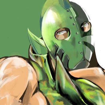 Rule 34 | 1boy, biceps, green eyes, helmet, highres, holding, holding weapon, kinniku ataru, kinnikuman, kinnikuman soldier, large pectorals, looking at viewer, muscular, pectorals, simple background, soldier, two-tone background, vest, weapon, wrestling, yoshiokanp