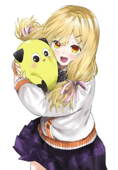 1girl black_bow black_bowtie blonde_hair blush bow bowtie commentary_request hair_bow hair_ornament hairclip highres hugging_object jacket long_hair looking_at_viewer low_twintails open_mouth original pink_bow pleated_skirt purple_skirt sawada_kou simple_background skirt smile solo striped_bow striped_bowtie striped_clothes stuffed_toy twintails white_background white_jacket yellow_eyes