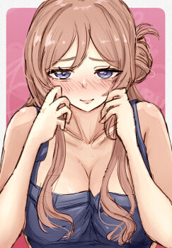 1girl absurdres apron bare_arms blue_apron blue_eyes blush border breasts brown_hair collarbone commentary_request gakuen_idolmaster highres himesaki_rinami idolmaster large_breasts long_hair looking_at_viewer nose_blush pink_background rutomiartdayo solo upper_body white_border
