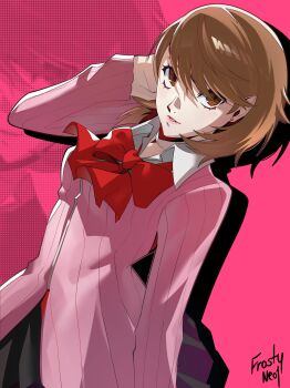 1girl absurdres black_skirt bow brown_hair cardigan frosty_neo1 highres medium_hair persona persona_3 pink_background pink_cardigan red_bow skirt takeba_yukari