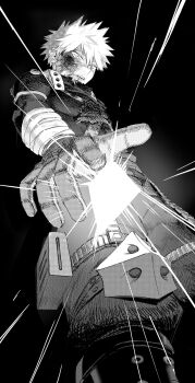 1boy absurdres bakugou_katsuki bandages_over_clothes black_background blood blood_on_face boku_no_hero_academia commentary_request from_below gloves greyscale highres male_focus monochrome short_hair simple_background solo spiked_hair superhero_costume tmrm0404 torn_clothes