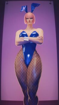1girl 3d absurdres animal_ears blue_leotard breasts fake_animal_ears fishnet_pantyhose fishnets fugtrup highleg highres large_breasts leotard manon_legrand pantyhose pink_hair playboy_bunny rabbit_ears short_hair solo strapless strapless_leotard street_fighter street_fighter_6 thick_thighs thighs toned toned_female