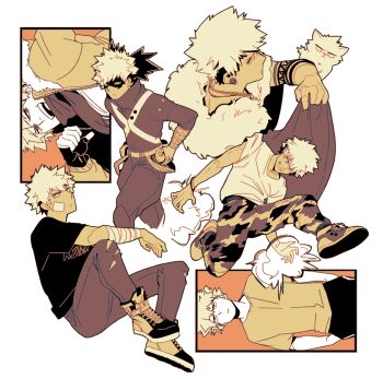 Rule 34 | 1boy, 5mll3, animal, arm on knee, bakugou katsuki, bandaged arm, bandages, belt, black gloves, black pants, black shirt, blonde hair, boku no hero academia, camouflage, camouflage pants, cape, cat, crew neck, earrings, explosion, explosive, eye mask, fingerless gloves, fur-trimmed cape, fur trim, gloves, grenade, hands in pockets, invisible chair, jacket, jewelry, limited palette, long sleeves, looking back, looking to the side, male focus, mask, multiple views, official alternate costume, open clothes, open jacket, open mouth, pants, piercing, red eyes, scarf, shirt, shoelaces, shoes, short sleeves, sideways glance, sitting, sneakers, spiked hair, superhero costume, torn clothes, torn pants, unzipped, white background, white shirt, zipper