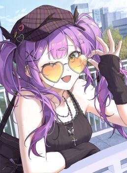 1girl :d adjusting_eyewear arm_warmers bag black_arm_warmers black_hat black_tank_top building butterfly_necklace commentary_request cross cross_necklace day earclip flat_cap glint hair_ornament hairclip hand_up hat hat_ornament heart heart-shaped_eyewear highres hololive jewelry korean_commentary long_hair looking_at_viewer necklace one_eye_closed open_mouth orange-tinted_eyewear orange_eyes outdoors plaid_hat purple_hair shoulder_bag skyscraper smile solo spike_piercing star_(symbol) star_hair_ornament tank_top tinted_eyewear tokoyami_towa twintails upper_body virtual_youtuber x_hair_ornament yulmu1005