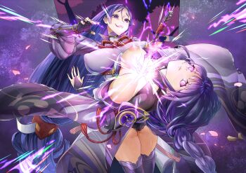 2girls absurdres ass ass_focus asymmetrical_sleeves blunt_bangs braid breasts breasts_out bridal_gauntlets censored closed_mouth commentary_request covered_erect_nipples crazy_smile crossover electricity fate/grand_order fate_(series) friends from_behind from_side genshin_impact glowing glowing_eyes gluteal_fold hair_between_eyes highres holding holding_sword holding_weapon huge_breasts huge_nipples japanese_clothes katana kimono kounotori_(501465) leaning_back lingerie long_braid long_hair long_sleeves looking_down looking_up low-tied_long_hair minamoto_no_raikou_(fate) minamoto_no_raikou_(second_ascension)_(fate) mole mole_under_eye multiple_girls musou_isshin_(genshin_impact) naughty_face nipple_slip nipples pink_lips pointless_censoring puffy_nipples purple_background purple_eyes purple_hair purple_kimono raiden_shogun single_braid smile standing sword tongue tongue_out underwear uneven_sleeves upper_body weapon wide_sleeves