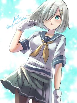 1girl artist_name black_pantyhose blue_eyes gloves grey_hair grey_sailor_collar grey_skirt hair_ornament hair_over_one_eye hairclip hamakaze_(kancolle) highres kantai_collection looking_at_viewer neckerchief pantyhose sailor_collar school_uniform serafuku shirt short_hair short_sleeves skirt solo twitter_username white_gloves white_shirt wiwo yellow_neckerchief