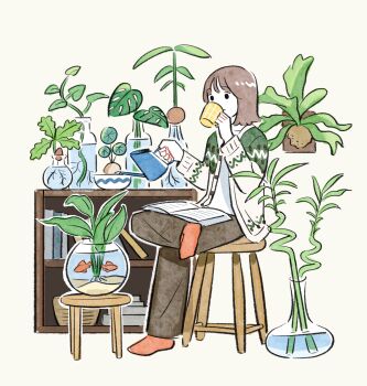 1girl book book_on_lap brown_hair brown_pants cardigan commentary crossed_legs cup drinking fish fish_tank from_side full_body gesooo_4 goldfish green_cardigan highres mug multicolored_cardigan on_stool open_book orange_socks original pants plant plant_request potted_plant shirt short_hair sitting socks solo stool swept_bangs t-shirt watering_can white_cardigan white_shirt