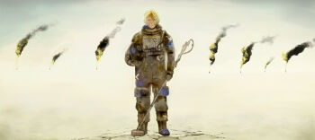 Rule 34 | 1girl, bad id, bad pixiv id, bandages, blonde hair, braid, braided bangs, commentary, crack, cracked earth, cuts, desert, female focus, flag, gas mask, hazmat suit, injury, long image, mask, mine detector, oil well, original, shiira, smoke, solo, wide image