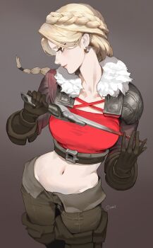 Rule 34 | 1girl, absurdres, armor, artist name, black gloves, blonde hair, blood, bloody weapon, braid, closed mouth, commentary, crown braid, ear piercing, floating hair, fur trim, gloves, green eyes, grey background, grey pants, groin, highres, holding, holding weapon, lips, long hair, midriff, navel, ori dal, original, pants, pauldrons, piercing, pink lips, profile, short sword, shoulder armor, simple background, single pauldron, solo, stomach, sword, weapon