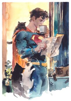 Rule 34 | 1boy, animal, animal on shoulder, belt, black cat, black hair, blue bodysuit, bodysuit, border, calico (pattern), calico cat, cape, cat, cat on shoulder, closed eyes, coffee mug, commentary, cropped legs, cup, dc comics, drinking, english commentary, holding, holding cup, holding newspaper, itoscaresme, male focus, mug, newspaper, painting (medium), plant, red cape, short hair, short sideburns, siamese cat, solo, superhero costume, superman, superman (series), superman logo, traditional media, watercolor (medium), white border, yellow belt