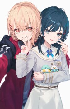 2girls blonde_hair blue_cross_tie blue_hair blue_nails closed_mouth collared_shirt commentary cowboy_shot creature cross_tie green_eyes grey_sweater_vest hair_ornament hairclip hashtag-only_commentary highres holding holding_creature hood hooded_jacket jacket long_hair long_sleeves looking_at_viewer makihitsuji minamo_madoka mole mole_on_neck mole_under_eye multiple_girls nail_polish nijisanji official_artist_extra open_mouth orange_eyes parallel_hairclips red_jacket school_uniform shirasa_ayane shirt short_hair sidelocks simple_background skirt smile sweater_vest symbol-only_commentary v v_over_mouth virtual_youtuber white_background white_shirt white_skirt