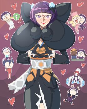 @_@ absurdres black_gloves boned_meat caitlin_(pokemon) exceedxatu food froslass gen_2_pokemon gen_4_pokemon glasses gloves grimsley_(pokemon) heart heart_hands highres hug lipstick looking_at_viewer makeup marshal_(pokemon) meat nintendo official_alternate_color official_alternate_costume outline pokemon pokemon_(creature) pokemon_bw pokemon_masters_ex purple_eyes purple_hair shauntal_(fall_2024)_(pokemon) shauntal_(pokemon) solo_focus sparkle white_outline xatu