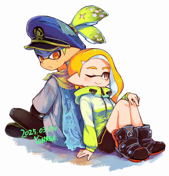 1boy 1girl 2025 agent_3_(splatoon) agent_4_(splatoon) artist_name asymmetrical_bangs back-to-back bike_shorts black_boots black_leggings black_shoes black_shorts blonde_hair blue_hat boots brown_eyes captain_3_(splatoon) closed_mouth dated full_body green_hair green_jacket grey_shirt hair_ornament hair_scrunchie hair_through_headwear hand_on_own_knee hat highres hood hood_down hooded_jacket inkling invisible_chair jacket layered_sleeves leggings long_hair long_sleeves looking_at_another multicolored_scrunchie nintendo one_eye_closed orange_eyes orange_hair patchwork_clothes peaked_cap pointy_ears scrunchie shirt shoes short_over_long_sleeves short_sleeves shorts sitting smile splatoon_(series) splatoon_3 tentacle_hair topknot wavy_hair white_background yonaga_story