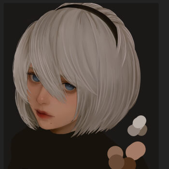 1girl 2b_(nier:automata) black_background black_hairband blue_eyes border chinese_commentary closed_mouth color_guide commentary grey_border grey_hair hair_between_eyes hairband highres lipstick looking_at_viewer makeup mitsuki_nite mole mole_under_mouth nier:automata nier_(series) no_blindfold portrait red_lips short_hair solo