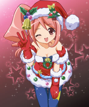 Rule 34 | 1girl, ;d, bell, blush, breasts, chisato (missing park), christmas, cleavage, female focus, gloves, hat, jewelpet (series), jewelpet kira deco!, lips, lipstick, looking at viewer, makeup, one eye closed, oomiya pink, open mouth, red gloves, santa costume, santa hat, smile, solo, star (symbol), wink