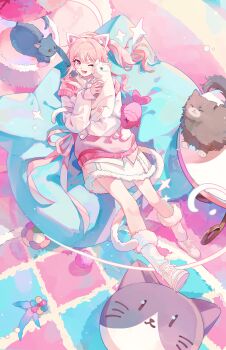 1other absurdres akiyama_mizuki animal animal_ear_headphones animal_ears black_cat blue_eyes cat cat-shaped_pillow cat_ear_headphones cat_ears checkered_carpet cheek-to-cheek closed_eyes commentary_request dechel fake_animal_ears fake_tail fur-trimmed_skirt fur_trim headphones heads_together highres holding holding_animal holding_cat long_hair lying multiple_cats official_alternate_costume on_back one_eye_closed open_mouth other_focus pink_eyes pink_hair pink_sweater_vest project_sekai reaching reaching_towards_another shirt shoes side_ponytail skirt sleeves_past_wrists smile socks sweater_vest tail white_cat white_shirt white_shoes white_socks yellow_eyes you_are_my_hero!!_(project_sekai)