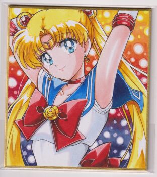 1girl bishoujo_senshi_sailor_moon blonde_hair blue_eyes blue_sailor_collar blue_skirt bow breasts chikoto_(kztc4472) choker collarbone commentary double_bun earrings elbow_gloves gloves hair_bun hair_ornament highres jewelry long_hair looking_at_viewer magical_girl open_mouth red_bow red_choker sailor_collar sailor_moon sailor_senshi_uniform skirt smile solo traditional_media tsukino_usagi twintails white_gloves