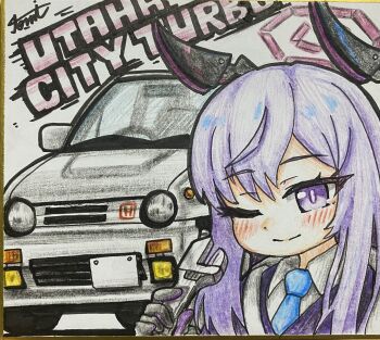 1girl absurdres blue_archive blue_necktie car commentary_request gloves halo highres holding holding_wrench motor_vehicle necktie one_eye_closed purple_eyes purple_hair purple_halo red_halo shikishi smile solo tomimon traditional_media utaha_(blue_archive) vehicle_request wrench