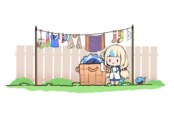 Rule 34 | 1girl, absurdres, advarcher, animal costume, animal ear fluff, animal ears, animal hood, blonde hair, blue streaks, cat ears, commentary, detached ears, dress, ebi-chan (gawr gura), english commentary, fins, fish girl, fish tail, gawr gura, highres, hololive, hololive english, hood, indie virtual youtuber, long hair, low twintails, multicolored hair, sameko saba, sameko saba (1st costume), sameko saba (fish), shark costume, shark hood, solo, streaked hair, tail, twintails, very long hair, virtual youtuber, washbowl