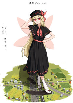 absurdres blonde_hair destruction fairy fairy_wings feet giant giantess highres lily_black lily_white non-web_source size_difference socks stomping touhou white_socks wings