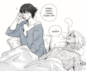 Rule 34 | 1boy, 1girl, black hair, blanket, blue shirt, blush, breasts, commentary, dante (devil may cry), devil may cry (series), devil may cry 5, english commentary, english text, giving up the ghost, greyscale, guy tired after sex (meme), hetero, highres, implied after sex, jumpoon, lady (devil may cry), medium breasts, meme, monochrome, one eye closed, oversized clothes, oversized shirt, pillow, red eyes, rubbing eyes, shirt, sparkle, spot color, waking up