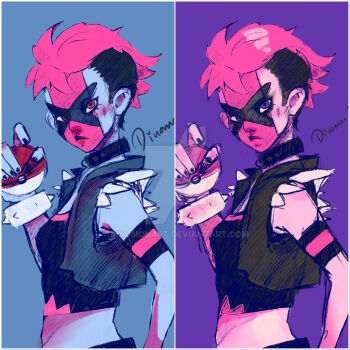 1girl black_choker black_hair black_shirt blue_background bracelet choker closed_mouth commentary deviantart_logo dinomonart english_commentary eyelashes facepaint grey_jacket holding holding_poke_ball jacket jewelry midriff multicolored_hair nintendo open_clothes open_jacket pink_eyes pink_hair poke_ball poke_ball_(basic) pokemon pokemon_swsh purple_background purple_eyes shirt short_hair simple_background sleeveless sleeveless_jacket spiked_bracelet spikes team_yell team_yell_grunt team_yell_grunt_(female) torn_clothes torn_jacket two-tone_hair undercut upper_body very_short_hair watermark web_address