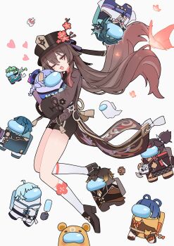 1girl 6+others absurdres among_us baizhu_(genshin_impact) baizhu_(genshin_impact)_(cosplay) black_hat chongyun_(genshin_impact) chongyun_(genshin_impact)_(cosplay) cosplay crewmate_(among_us) floating_hair flower-shaped_pupils genshin_impact guoba_(genshin_impact) guoba_(genshin_impact)_(cosplay) hat heart highres hu_tao_(genshin_impact) kneehighs long_hair long_sleeves looking_at_another multiple_others one_eye_closed open_mouth origami_gyokuo qiqi_(genshin_impact) qiqi_(genshin_impact)_(cosplay) red_eyes shoes simple_background smile socks symbol-shaped_pupils very_long_hair white_background white_socks xiangling_(genshin_impact) xiangling_(genshin_impact)_(cosplay) xiao_(genshin_impact) xiao_(genshin_impact)_(cosplay) xingqiu_(genshin_impact) xingqiu_(genshin_impact)_(cosplay) xinyan_(genshin_impact) xinyan_(genshin_impact)_(cosplay) zhongli_(genshin_impact) zhongli_(genshin_impact)_(cosplay)