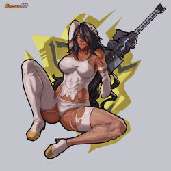 Rule 34 | 1girl, a2 (nier:automata), absurdres, alternate color, alternate skin color, android, asymmetrical legwear, black hair, boots, breasts, commentary, dark-skinned female, dark skin, elbow gloves, english commentary, equinox 6, foreshortening, full body, gloves, hair over one eye, high heel boots, high heels, highres, joints, katana, large breasts, leotard, long hair, medium breasts, mismatched legwear, nier:automata, nier (series), player 2, robot joints, sitting, solo, sword, toeless footwear, toes, very dark skin, weapon, white background, white gloves, yellow eyes