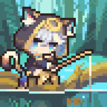 animal_ears cat_ears cat_girl cat_tail cipher_(honkai:_star_rail) cloak fish fishing fishing_rod grey_hair highres holding holding_fishing_rod honkai:_star_rail honkai_(series) hui_xue lake outdoors pixel_art second-party_source sitting tail