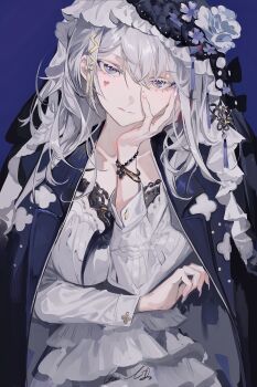 1girl blue_background coat coat_on_shoulders collarbone dress expressionless flower grandia_lee grey_eyes hair_ornament hand_on_own_face heart highres long_hair long_sleeves looking_at_viewer solo white_dress white_flower white_hair