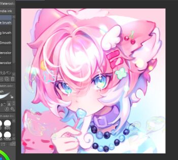 1girl animal animal_ears art_program_in_frame bead_necklace beads blue_eyes candy cat cat_ears cat_girl cherry_hair_ornament cloud_(lufaeris) collar commentary crossed_bangs english_commentary food food-themed_hair_ornament hair_between_eyes hair_ornament hairclip holding holding_candy holding_food holding_lollipop jewelry lollipop lollipop_in_mouth looking_at_viewer necklace original parallel_hairclips pink_hair portrait purple_collar short_hair solo unfinished