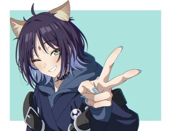 Rule 34 | 1girl, animal ear fluff, animal ears, black choker, blue hoodie, blue nails, border, cho kaguya-hime!, choker, commentary, forehead jewel, fox ears, fox girl, green eyes, highres, hood, hood down, hoodie, long sleeves, looking at viewer, navel, one eye closed, open mouth, outside border, sakayori iroha, solo, upper body, v, white border, yasou0049