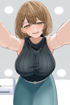 1girl armpits assertive_female black_eyeliner black_sweater blue_eyes blush bob_cut breasts brown_eyes brown_hair ceiling_light commentary_request earrings eyeliner green_skirt hair_behind_ear hair_between_eyes hair_ornament hairclip highres hoop_earrings indoors jewelry kabedon kabedon_on_viewer kei8987 large_breasts looking_at_viewer makeup mole mole_under_mouth necklace original ribbed_sweater short_hair skirt sleeveless sleeveless_turtleneck small_sweatdrop solo sweat sweater textless_version turtleneck turtleneck_sweater tutor