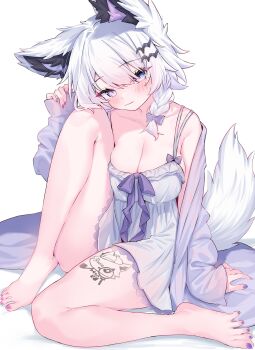 Rule 34 | 1girl, animal ears, arm at side, bare legs, barefoot, blue eyes, blush, bow, braid, breasts, chemise, cleavage, collarbone, eip (pepai), fox ears, fox girl, fox tail, frilled chemise, frills, full body, hair bow, hair ornament, hand up, head tilt, heterochromia, highres, indie virtual youtuber, jacket, knee up, large breasts, long sleeves, looking at viewer, multicolored nails, nail polish, off shoulder, open clothes, open jacket, pink eyes, pink nails, purple bow, purple jacket, purple nails, purple ribbon, ribbon, simple background, sitting, sleeves past wrists, smile, solo, swept bangs, tail, tail raised, tattoo, toenail polish, toenails, ururu uru, variant set, virtual youtuber, white background, white chemise, white hair, white tail