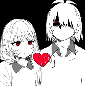 ... 2others absurdres black_background blush_stickers chara_(undertale) deltarune eye_contact frown greyscale heart heart_soma highres kris_(deltarune) looking_at_another monochrome multiple_others partially_shaded_face smile soul_(deltarune) spoken_ellipsis spot_color sweat sweater undertale utdr_(toby_fox)