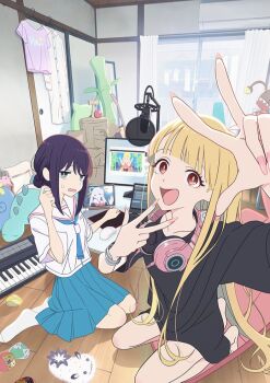 Rule 34 | 3girls, absurdly long hair, ahoge, air conditioner, arm up, bag, balcony, bamboo, bare legs, black shirt, blonde hair, blue necktie, blue skirt, blunt bangs, ceiling, cho kaguya-hime!, clothes hanger, collarbone, commentary request, computer, computer mouse, couch, crescent, crescent hair ornament, curtains, day, doll, donut hair bun, double v, dress, earphones, electric organ, fingernails, full moon, green eyes, guitar, hair bun, hair ornament, hair rings, hair stick, hand on table, hands up, headphones, headphones around neck, headset, indoors, instrument, ipad, japanese clothes, kaguya (cho kaguya-hime!), kendama, kimono, kneeling, laptop, laughing, livestream, long hair, long shirt, looking at another, looking at viewer, microphone, monitor, moon, mousepad (object), multiple girls, nail polish, necktie, no shoes, official art, open mouth, organ (instrument), pink necktie, pink shirt, purple hair, purple kimono, red eyes, red kimono, runami yachiyo, sailor collar, sailor dress, sakayori iroha, school uniform, screen, see-through curtains, seiza, selfie, serafuku, shirt, short hair, sitting, skirt, slippers, socks, table, tablet pc, third-party source, unworn shirt, unworn slippers, v, very long hair, virtual youtuber, washitsu, waving, white hair, white shirt, white socks, window, wispy bangs, wooden floor, yokozuwari, youtube logo