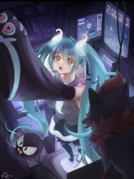 1girl 2others aqua_hair armpit_crease arms_up black_skirt breasts chiseru_01 computer detached_sleeves fangs gastly gen_1_pokemon gen_5_pokemon ghost_miku_(project_voltage) glitch grey_shirt hair_between_eyes hair_ornament hatsune_miku heart heart-shaped_pupils long_hair long_sleeves looking_at_another looking_up medium_breasts monitor multiple_others nintendo official_alternate_costume official_alternate_hairstyle open_mouth pokemon pokemon_(creature) project_voltage shirt skirt sleeves_past_wrists symbol-shaped_pupils twintails very_long_hair vocaloid wide_sleeves yellow_eyes zoroark