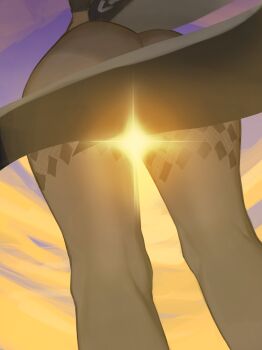1girl absurdres ass ass_focus close-up cloud commentary convenient_censoring ellen_joe english_commentary fins fish_tail from_below highres i_s_s_h_i_n lower_body outdoors pantyhose shark_girl shark_tail sky sunlight tail tail_cover zenless_zone_zero