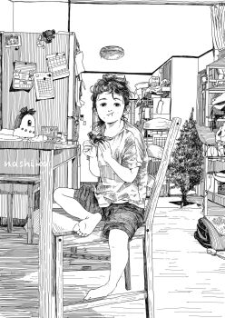 1girl :t artist_name backpack bag barefoot bread bread_slice ceiling chair chikorita child christmas_tree commentary_request eating feet floor food food_on_face gen_2_pokemon greyscale hatching_(texture) highres indoors linear_hatching messy_hair monochrome nashika_t nintendo on_chair original pokemon shirt shorts sitting solo toast unworn_backpack unworn_bag