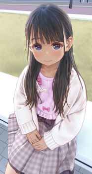 1girl aoi_kumiko black_hair blush cardigan commentary_request flat_chest highres long_hair looking_at_viewer original outdoors own_hands_together purple_eyes sitting skirt smile solo