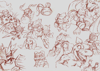 Rule 34 | banchostingmon, digimon, digimon (creature), gammamon, gaogamon, gaomon, goldnumemon, gottsumon, gravimon, hackmon (appmon), highres, koromon, kotemon, luxmon, magnamon, monochrome, navimon (appmon), platinumnumemon, sharp teeth, sketch, teeth, terriermon, tyranomon, wormmon