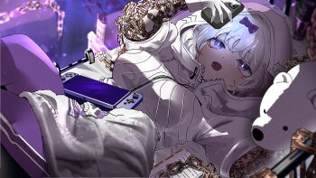 Rule 34 | 1girl, :o, bow, cellphone, chain, chain around arm, gloves, hair bow, handheld game console, holding, holding phone, hood, hood up, hooded jacket, hoyeonbns, jacket, kira (project moon), limbus company, pants, phone, project moon, purple bow, purple eyes, purple pants, sharp teeth, short hair, solo, teeth, track pants, upper teeth only, white gloves, white hair, white jacket