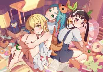 3girls aqua_hair backpack bag bare_shoulders barefoot bedroom black_hair black_skirt blonde_hair blush book bracelet commentary crossed_ankles curtained_hair donut dress english_commentary food green_eyes green_hair_ornament green_ribbon hachikuji_mayoi hair_ribbon hair_tie hat head_tilt headband highres jewelry knees_up long_hair looking_at_viewer loose_hair_strand monogatari_(series) multiple_girls on_floor ononoki_yotsugi open_book orange_dress orange_hat oshino_shinobu red_eyes red_ribbon ribbon shirt short_eyebrows sitting skirt sleeveless sleeveless_dress smile sticky_note stuffed_animal stuffed_cat stuffed_toy suspender_skirt suspenders tea_ramisu teddy_bear thick_eyebrows twintails wariza white_dress white_shirt wispy_bangs yellow_eyes