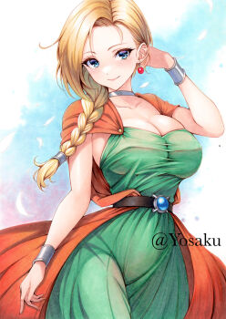 1girl asymmetrical_bangs belt bianca_(dq5) blonde_hair blue_eyes blush bracer braid breasts brown_belt cape cleavage closed_mouth collarbone commentary cowboy_shot curtained_hair dragon_quest dragon_quest_v dress earrings eyelashes falling_feathers feathers green_dress hair_behind_ear hair_flip hair_tubes highres jewelry large_breasts long_hair looking_at_viewer low-braided_long_hair low-tied_long_hair neck_ring orange_cape parted_bangs parted_hair side_part single_braid skindentation smile solo tight_clothes tight_dress twitter_username white_feathers yosaku_vs_hina