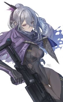 1girl absurdres anti-materiel_rifle black_leotard bolt_action breasts closed_mouth commentary_request cowboy_shot douibotan expressionless girls&#039;_frontline girls&#039;_frontline_2:_exilium grey_hair gun highleg highleg_leotard highres holding holding_gun holding_weapon leotard long_hair looking_at_viewer nemesis_(girls&#039;_frontline_2) purple_eyes rifle scope sig_san_511 simple_background sniper_rifle solo weapon white_background