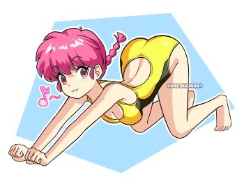 1girl :3 all_fours artist_name back_cutout barefoot braid breasts cleavage clothing_cutout commentary eighth_note english_commentary full_body geraldjess1 highres looking_at_viewer musical_note one-piece_swimsuit pink_eyes pink_hair ranma-chan ranma_1/2 solo spoken_musical_note stretching swimsuit yellow_one-piece_swimsuit