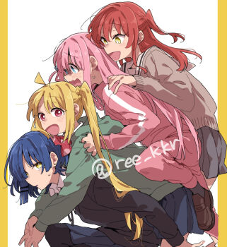 4girls alternate_costume black_shirt blonde_hair blue_eyes blue_hair blue_skirt blush bocchi_the_rock! brown_shirt brown_shoes carrying commentary_request cube_hair_ornament girl_on_top gotoh_hitori green_hoodie grey_skirt hair_ornament hairclip highres hood hoodie ijichi_nijika jacket kita_ikuyo long_hair multiple_girls open_mouth parallel_hairclips piggyback pink_hair pink_jacket pink_track_suit red_eyes red_hair ree_(re-19) school_uniform shirt shoes short_hair shuka_high_school_uniform side_ahoge side_ponytail simple_background skirt sweatdrop track_jacket track_suit twitter_username two-tone_background white_background yamada_ryo yellow_background yellow_eyes