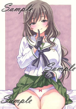 1girl alternate_costume black_gloves blue_neckerchief blush border bow bow_panties brown_eyes brown_hair closed_mouth clothes_lift finger_to_mouth flashing girls_und_panzer gloves green_skirt index_finger_raised lifting_own_clothes long_hair looking_at_viewer low-tied_long_hair mature_female miniskirt miyakooo0420 neckerchief on_bed ooarai_school_uniform panties pleated_skirt sailor_collar sample_watermark school_uniform serafuku shimada_chiyo shirt shushing sitting skirt skirt_lift smile solo traditional_media underwear watermark white_sailor_collar white_shirt winter_uniform wrist_cuffs