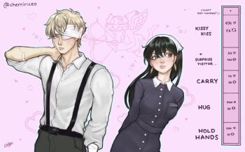 1boy 1girl black_hair blush breasts cherririce dress earrings gold_earrings hair_ornament hairband husband_and_wife jewelry large_breasts long_hair red_eyes sidelocks spy_x_family white_hairband yor_briar